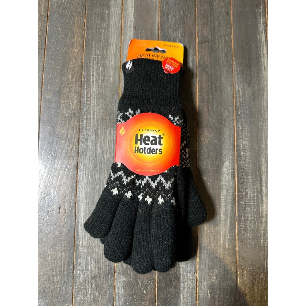 Heat Holders Womens Thermal Gloves Black Nordic Snowflake Fair Isle Knit M/L NEW